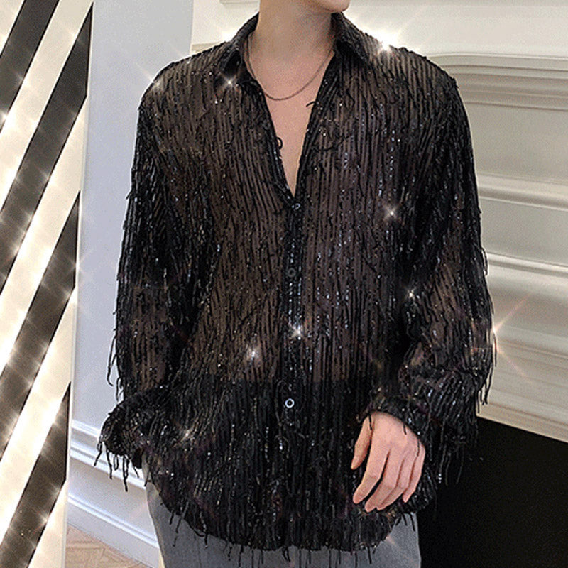 Fringed Sequined Mesh Shirt