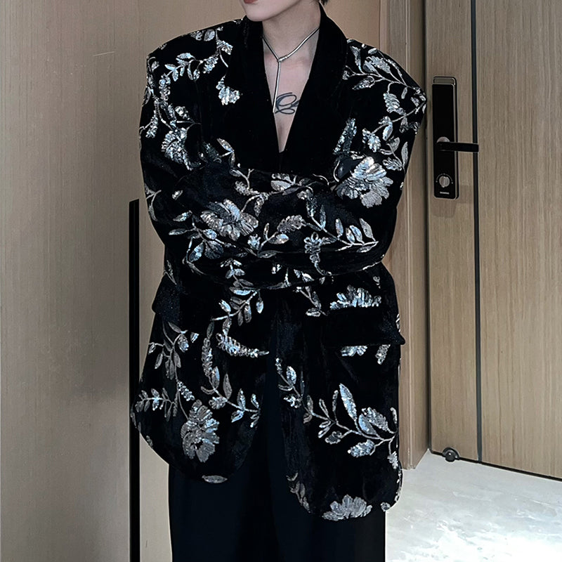 Sequined Lapel Shoulder Padded Loose Casual Blazer