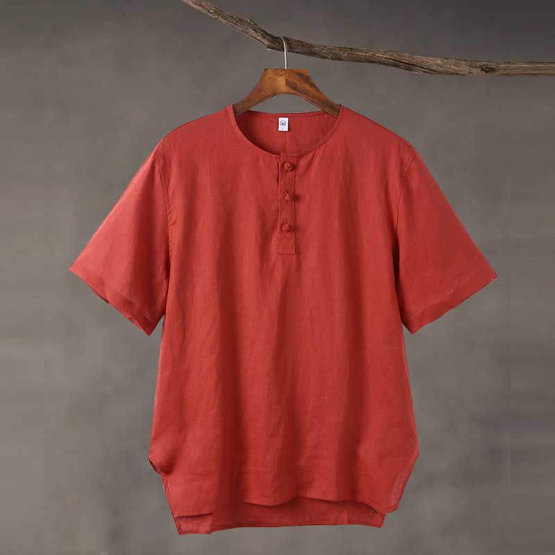 Linen Vintage Round Neck Button Down T-shirt