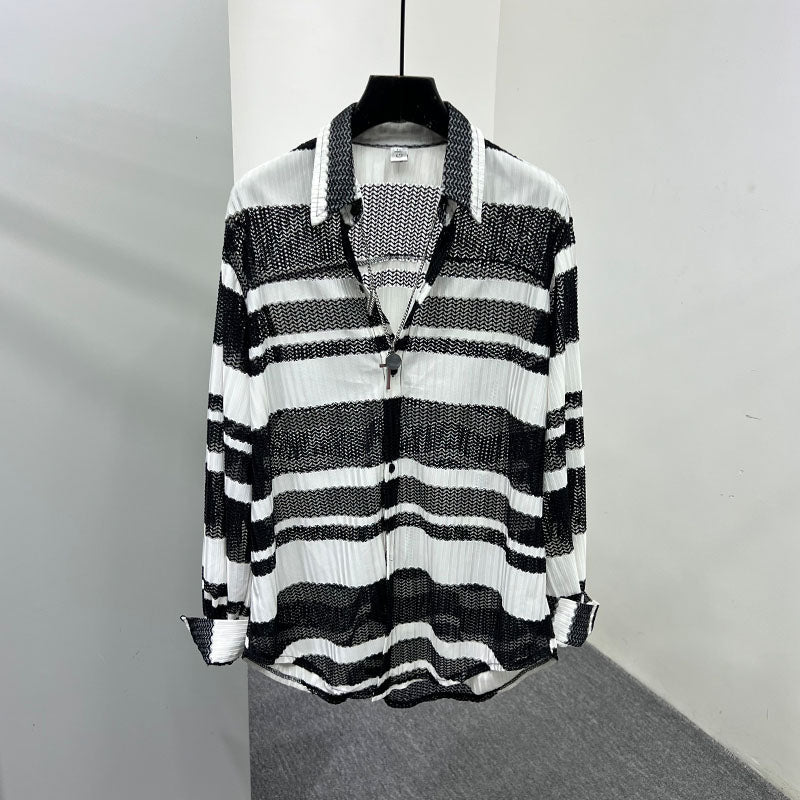Thin Color Contrast Stripe Hollow Shirt