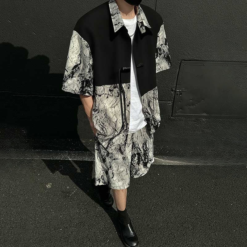 Summer Loose Ice Silk Shirt Ink Tie-dyed Short-sleeved Shorts Two-piece Suit