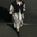 Summer Loose Ice Silk Shirt Ink Tie-dyed Short-sleeved Shorts Two-piece Suit