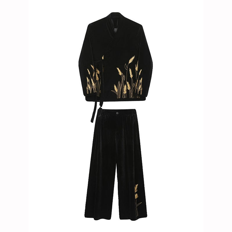 Loose Shoulder-padded Wheat Ear Embroidered Suit and Wide-leg Pants Two-piece Set