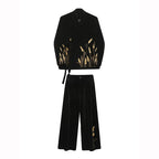 Loose Shoulder-padded Wheat Ear Embroidered Suit and Wide-leg Pants Two-piece Set