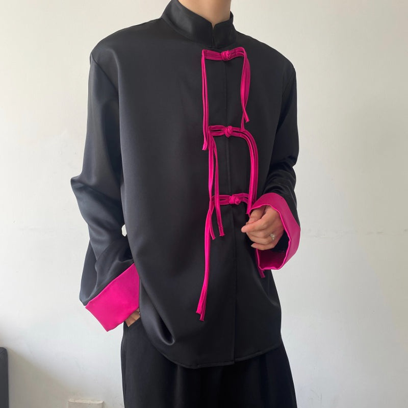 Contrast Buttoned Stand Collar Long Sleeve Retro Shirt