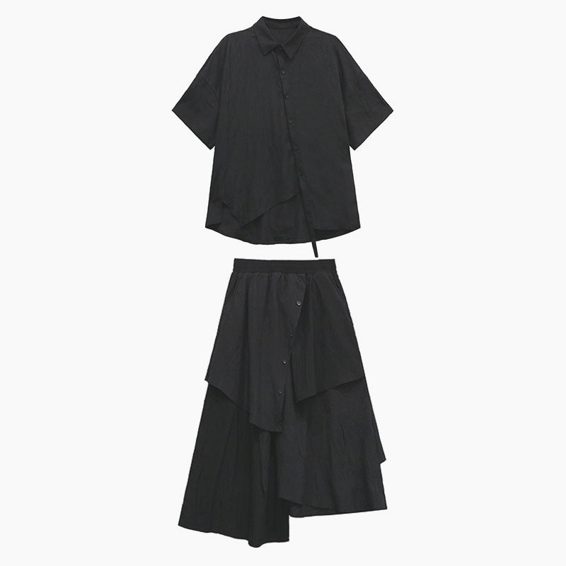 Irregular Loose Solid Color Shirt Elastic Waist Skirt