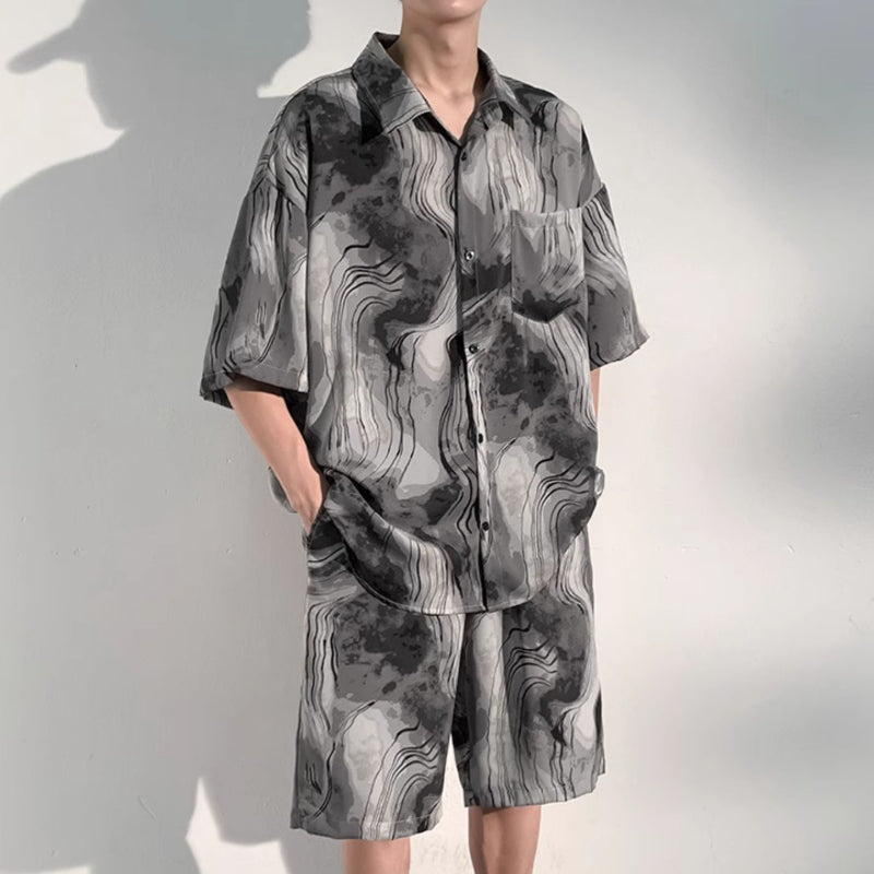 Summer Thin Ice Silk Drape Casual Shirt Loose Shorts Two-piece Set