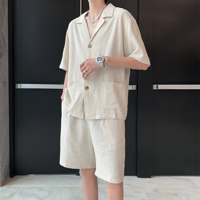 Vintage Cotton Linen Shirt Shorts Two-Piece Set