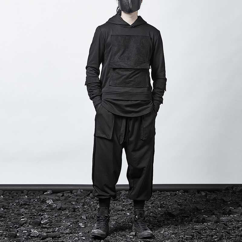 Dark Loose Hooded Pullover Sweatshirt