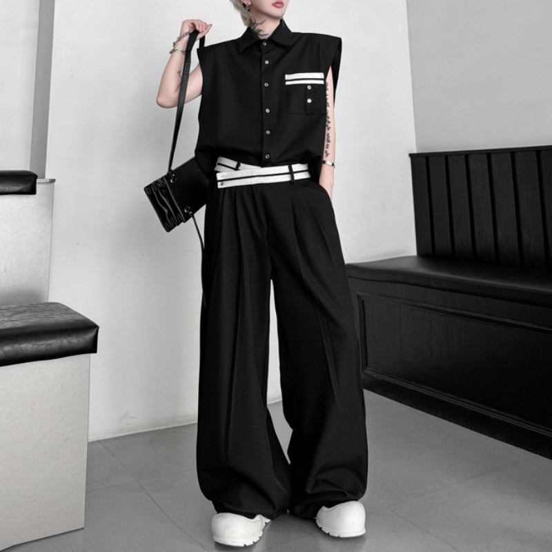 Colorblock Sleeveless Vest Wide Leg Trousers Two-Piece Set