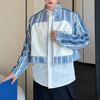 Blue Striped PU Leather Cropped Jacket