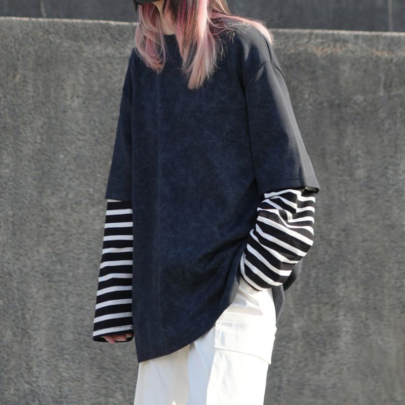 Washed Distressed Striped Patchwork Fake Two-piece T-shirt