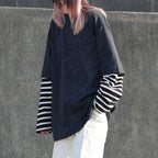 Washed Distressed Striped Patchwork Fake Two-piece T-shirt