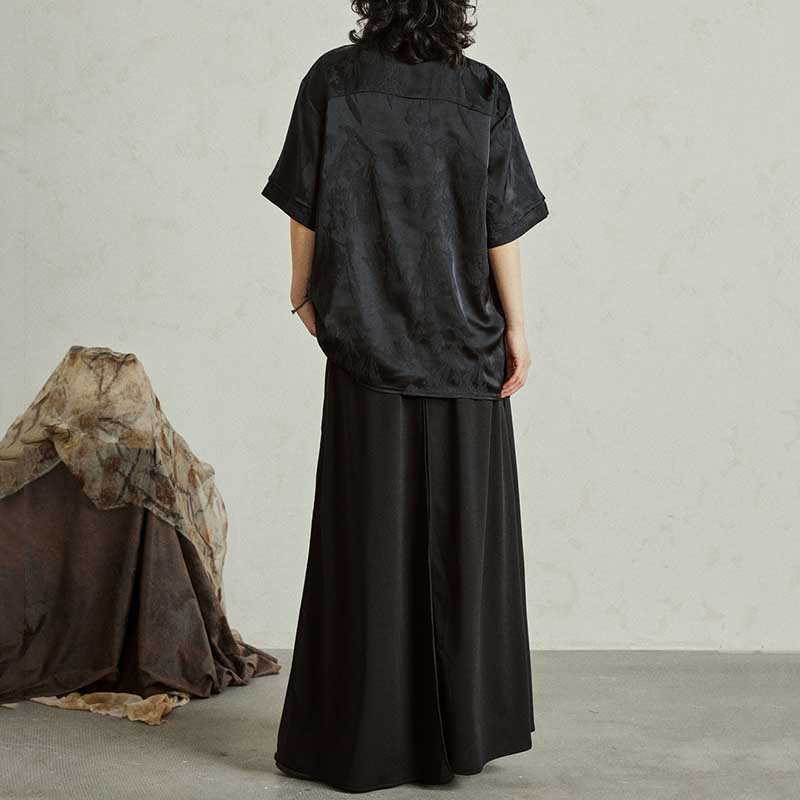 Satin Jacquard Slanted Placket Jade Pendant Tassel Shirt