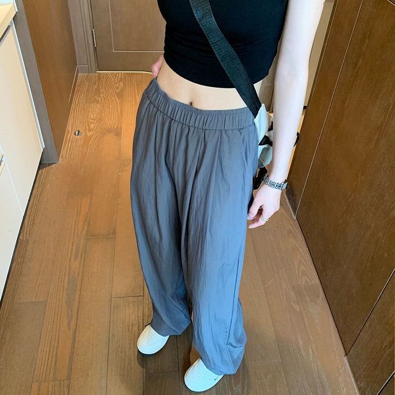 Solid Pleated Ice Silk Thin Loose Trousers