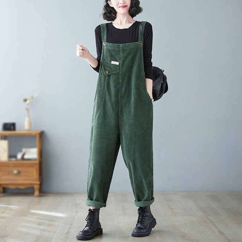 Solid Color Corduroy Harem Overalls