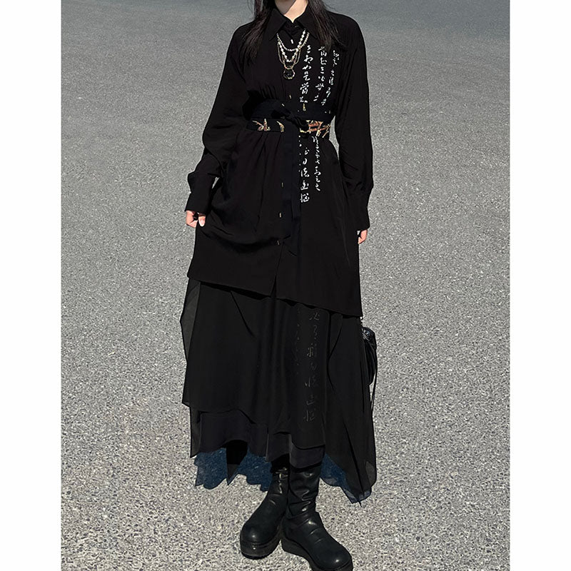 Asymmetric Hem Calligraphy Print Oversized Shirt