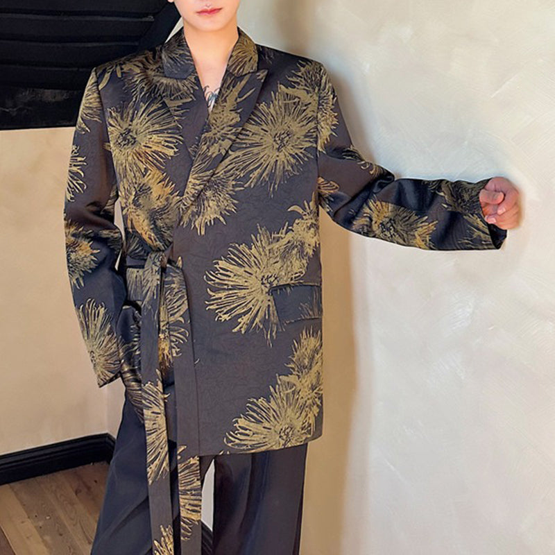 Glitter Print Shoulder-padded Lace-up Blazer