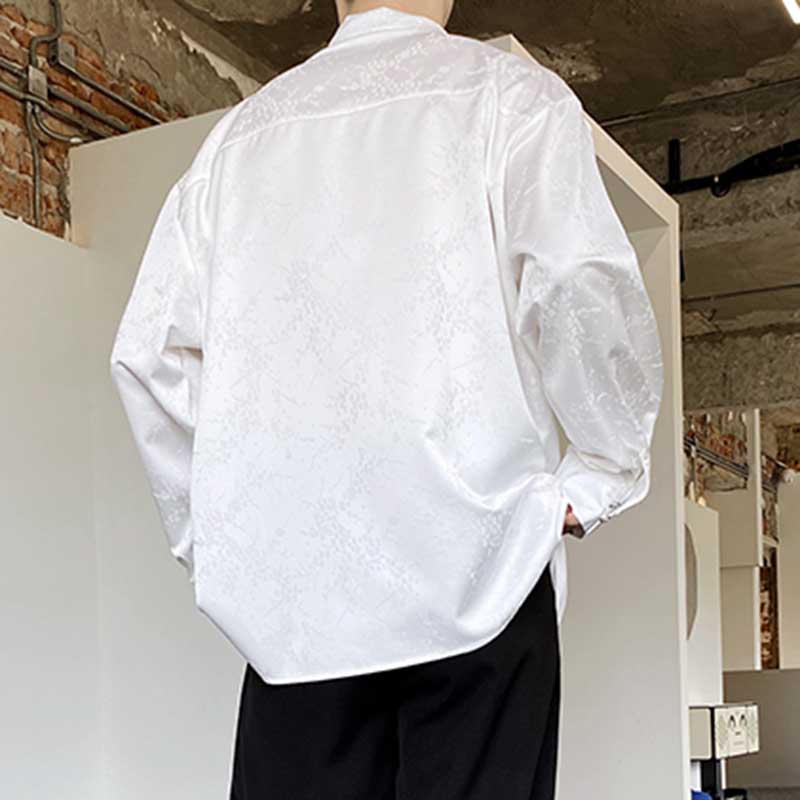 Vintage Metal Buckle Stand Collar Satin Long Sleeve Shirt
