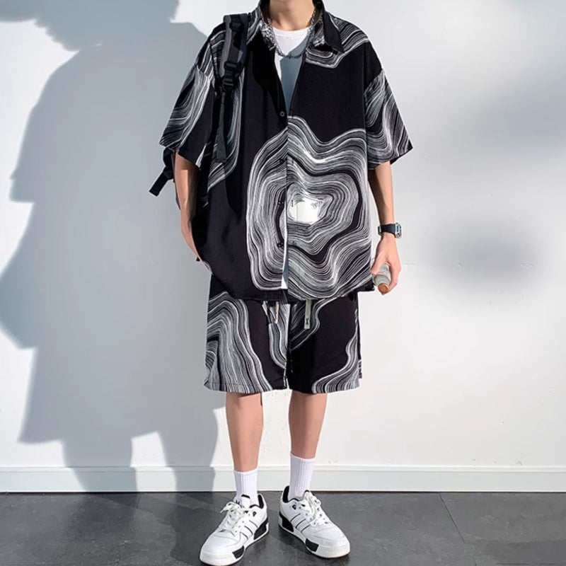 Summer Thin Ice Silk Drape Casual Shirt Loose Shorts Two-piece Set