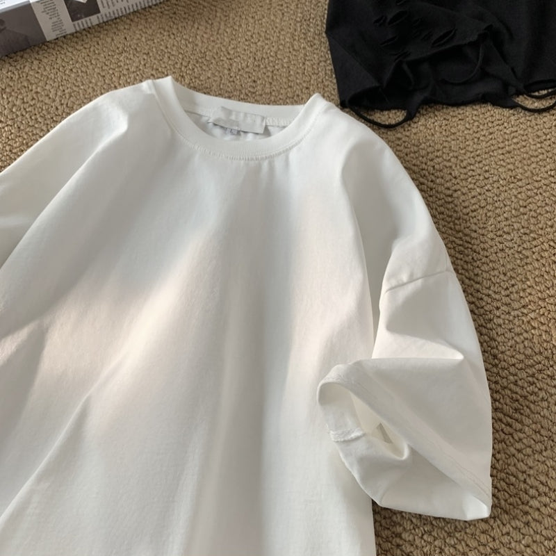 Ripped Solid Color Round Neck T-shirt