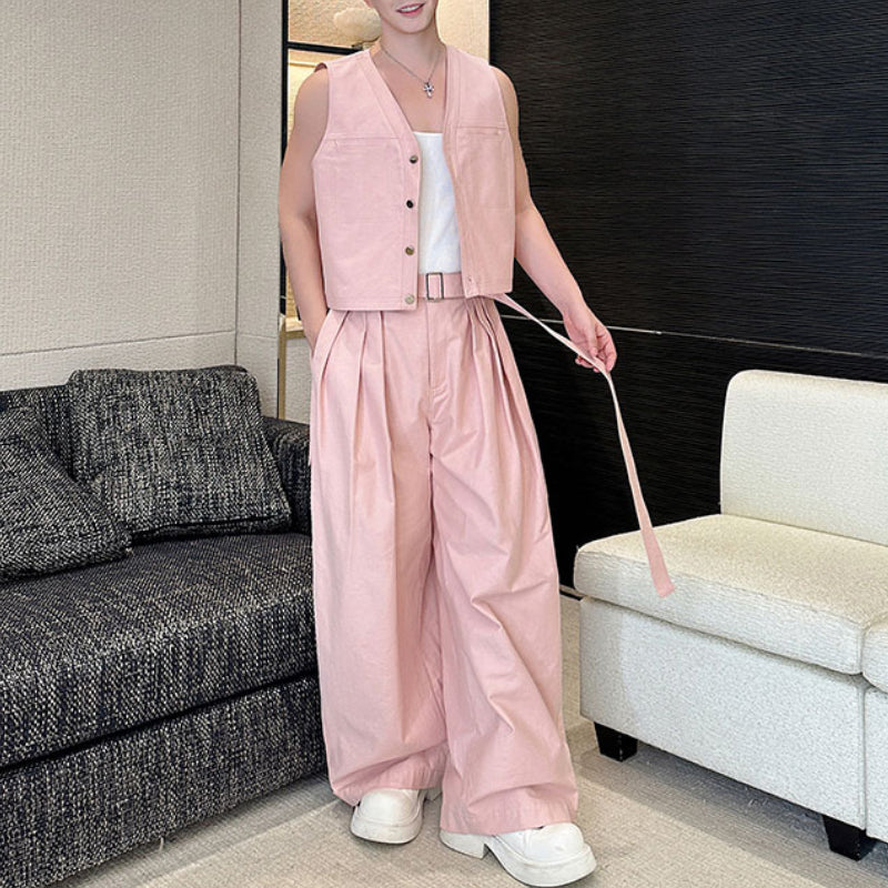 Casual Short Cardigan Vest Wide Leg Trousers Workwear Two-piece Set