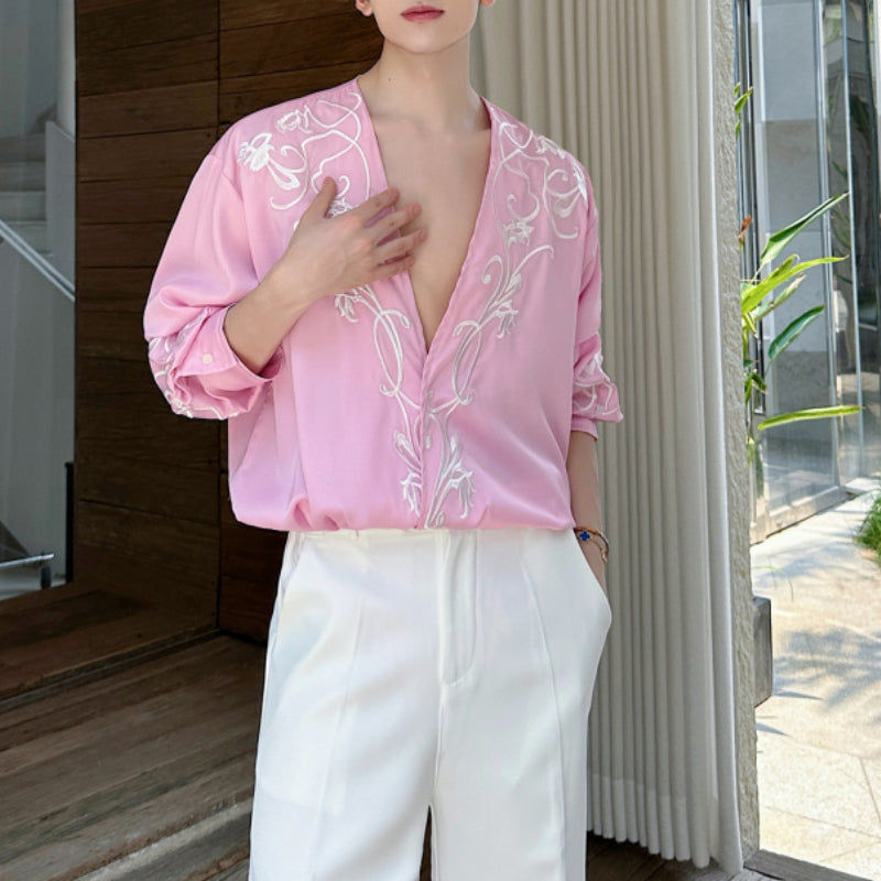 Heavy Embroidery V-neck Draped Ice Silk Shirt