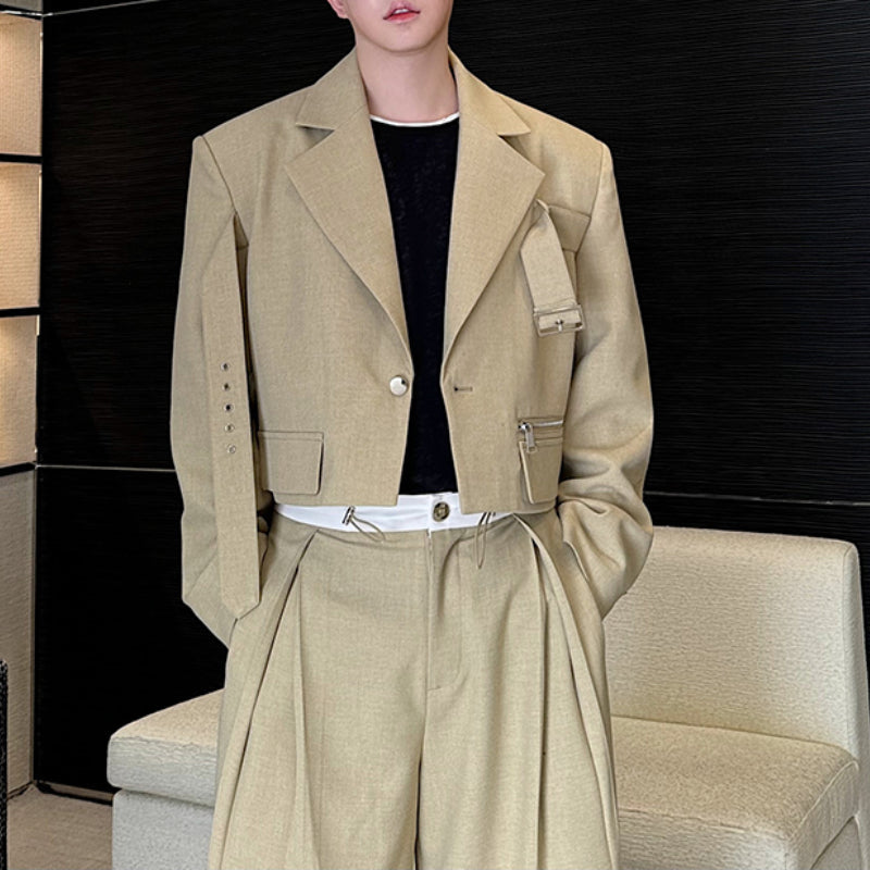 Deconstructed Lace-Up Cropped Blazer Contrast Leather Drawstring Wide-Leg Pants Two-Piece Set