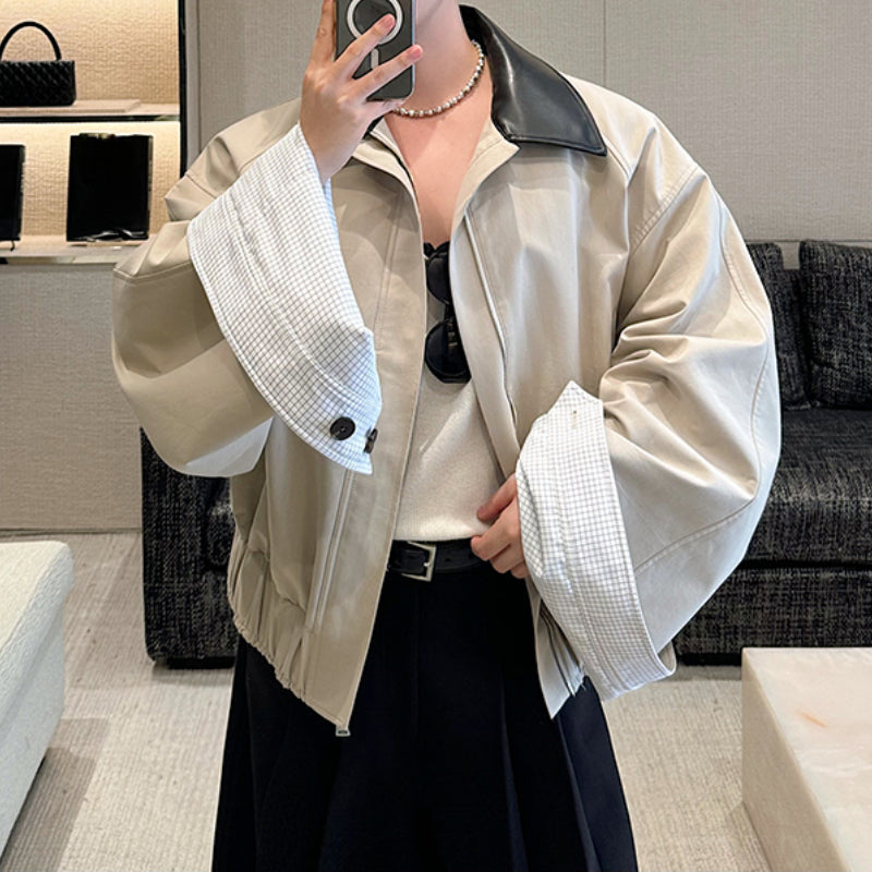 Leather Collar Contrast Plaid Oversized Turned-sleeve Cotton Jacket