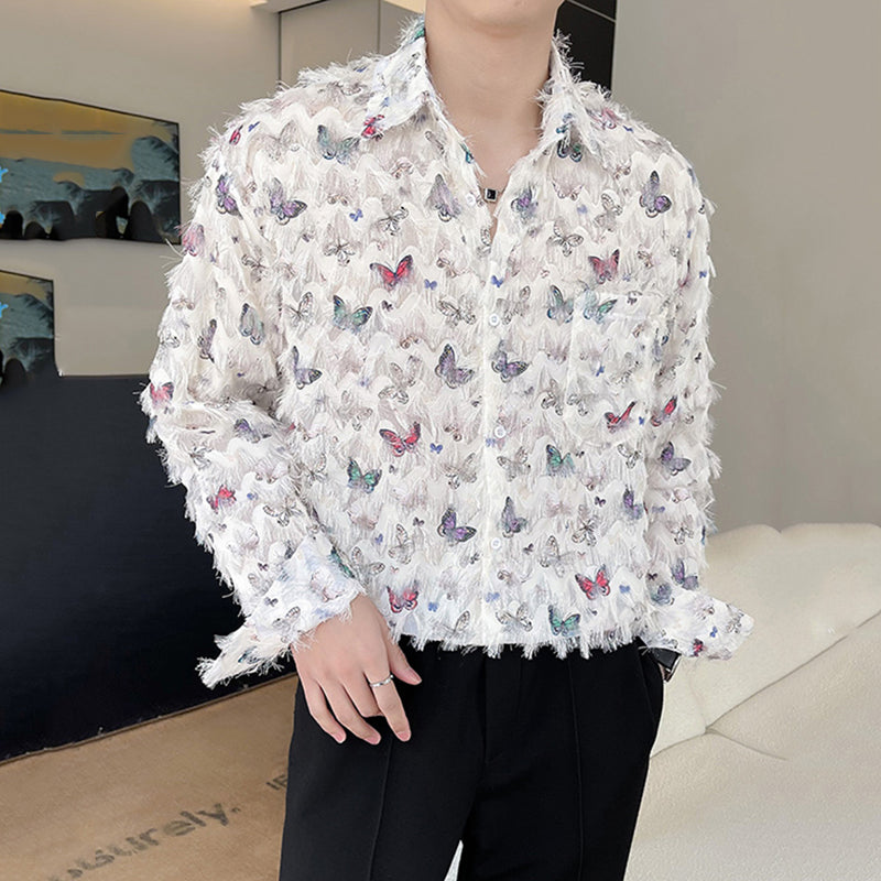 Butterfly Print Raw Edge Loose Casual Long-sleeved Shirt