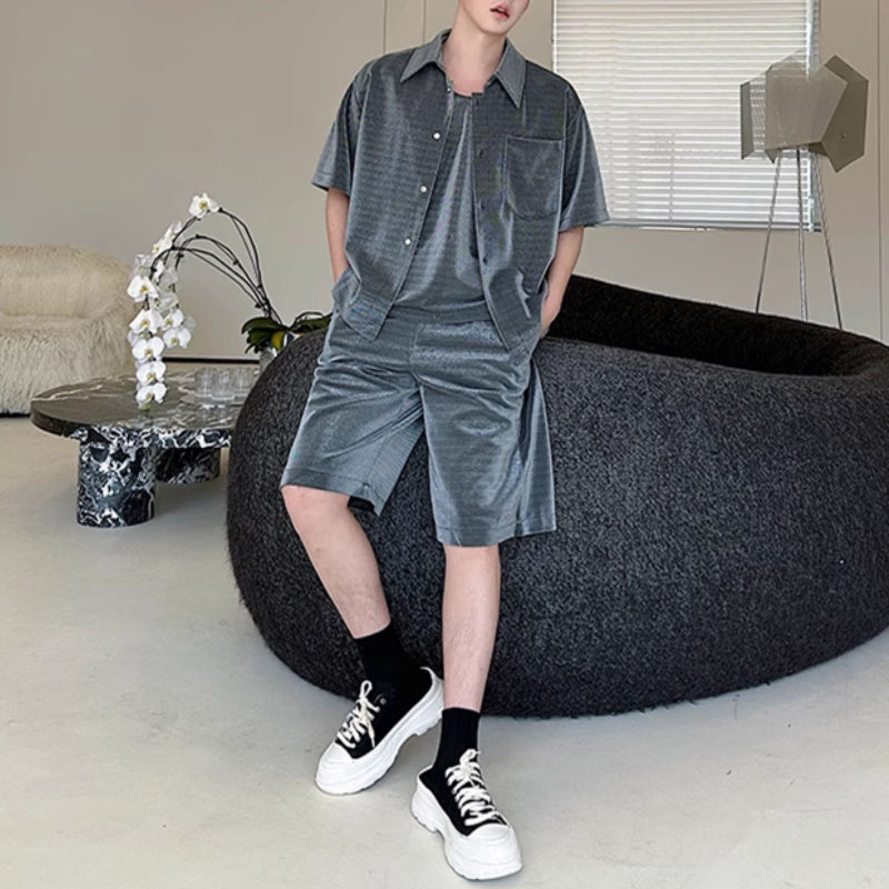 Summer Bright Silk Shirt Vest Shorts Three-piece Suit