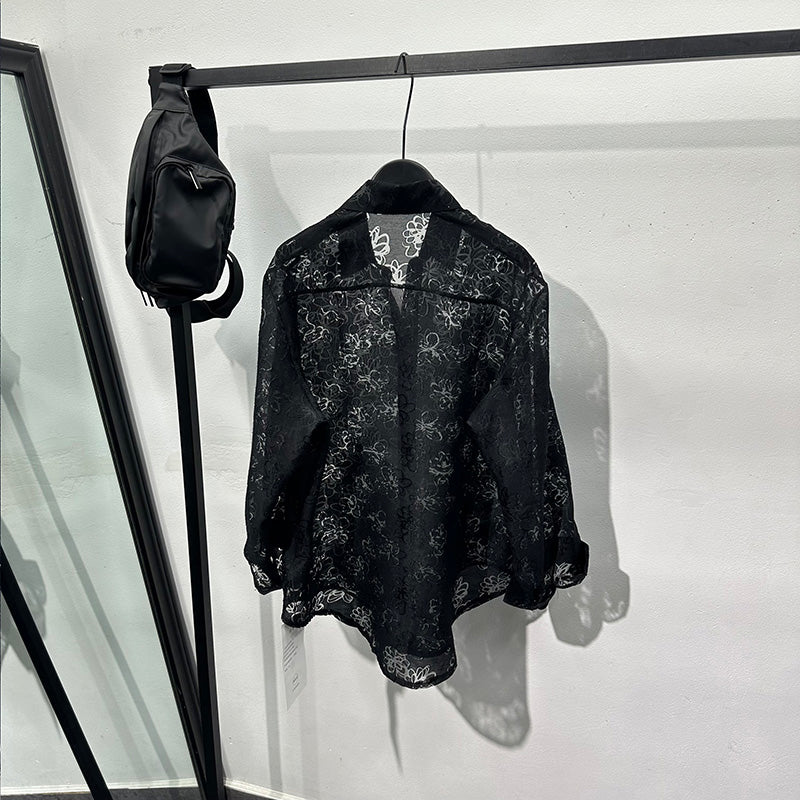 Hollow Floral Jacquard Loose Casual Shirt