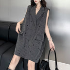 Ripped Loose Striped Suit Collar Vest Dress