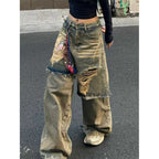 Ripped Fake Two-piece Denim Loose Drape Trousers