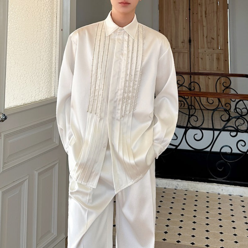 Lapel Hand-beaded Satin Shirt