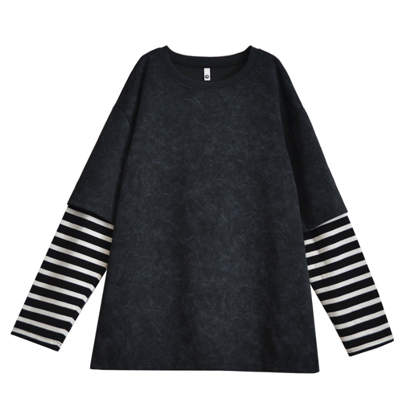 Washed Distressed Striped Patchwork Fake Two-piece T-shirt