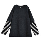 Washed Distressed Striped Patchwork Fake Two-piece T-shirt