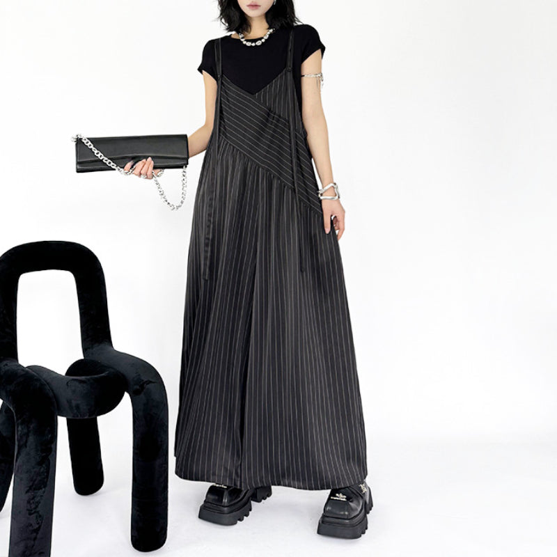 Loose Casual Stitching Striped Wide-leg Overalls