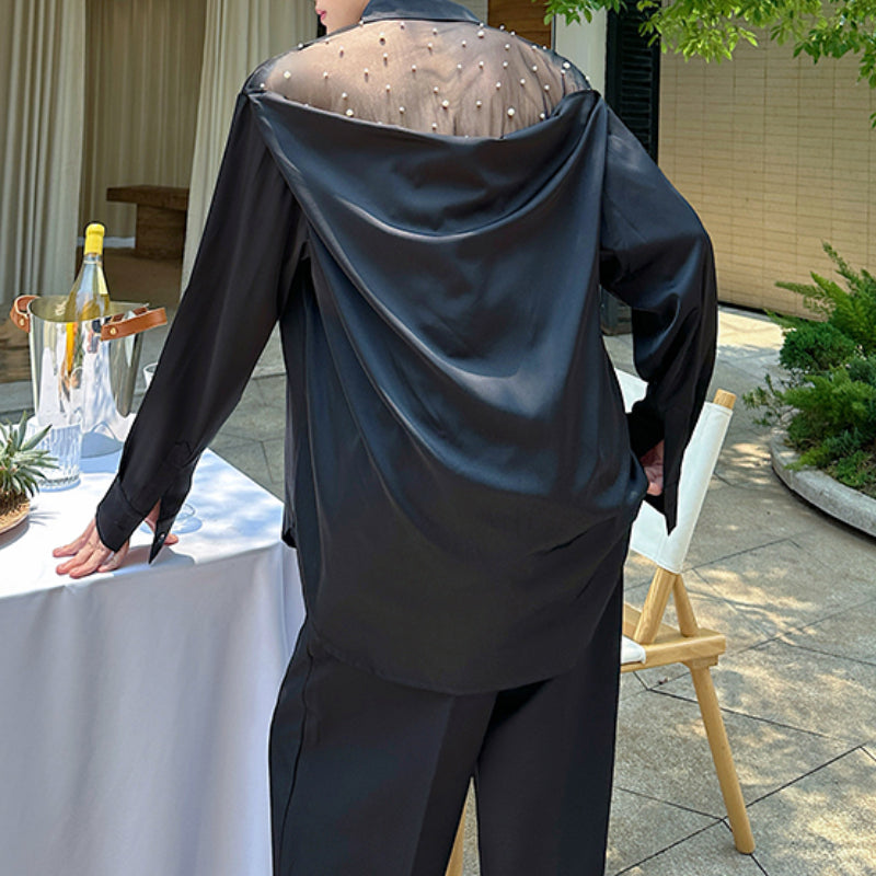 Mesh Beaded Satin Drape Shirt