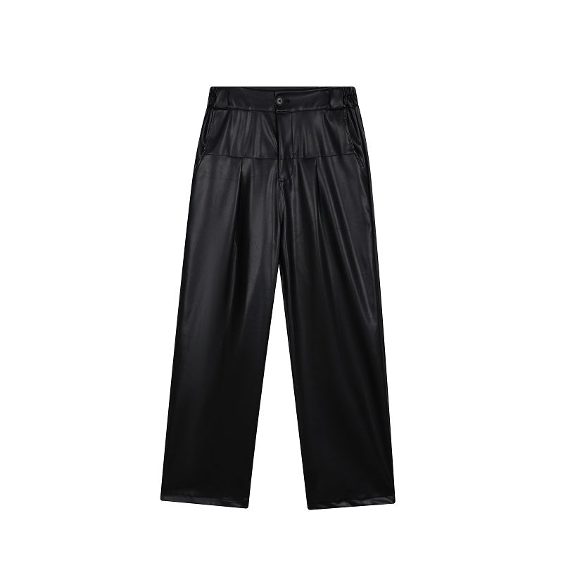 Solid Color Straight Loose PU Leather Pants