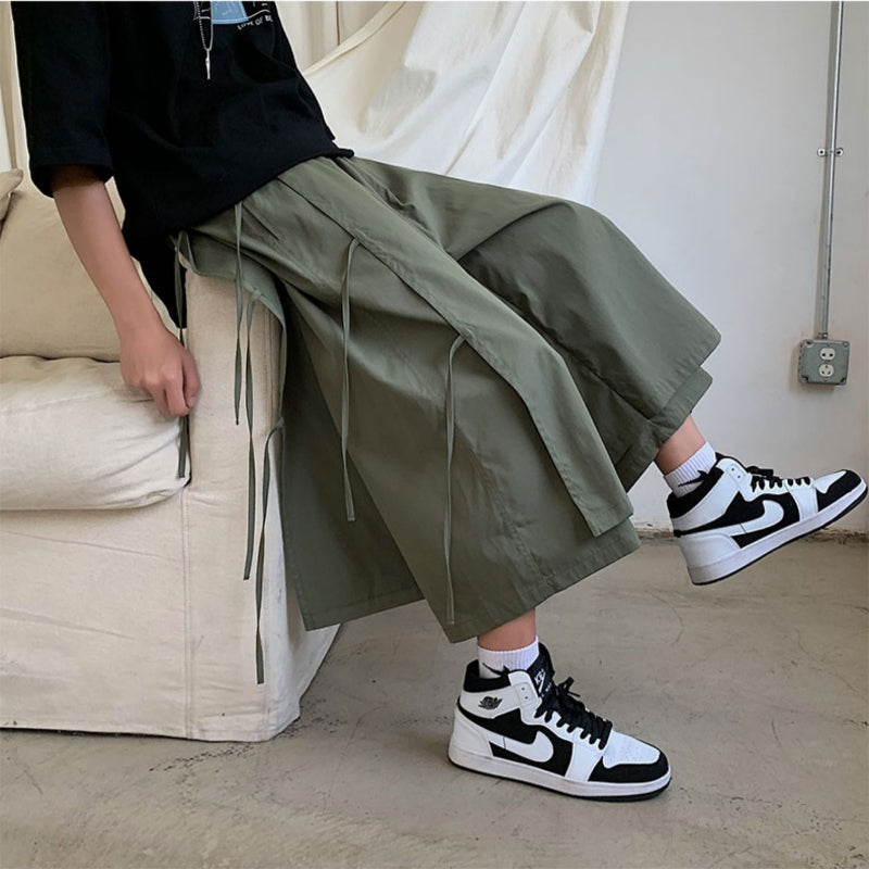 Japanese Style Fake Two Piece Side Ribbon Pants