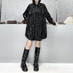 Pleated PU Leather Long Sleeve Shirt Dress