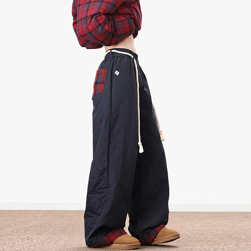 Vintage Plaid Patchwork Cotton Wide-leg Pants