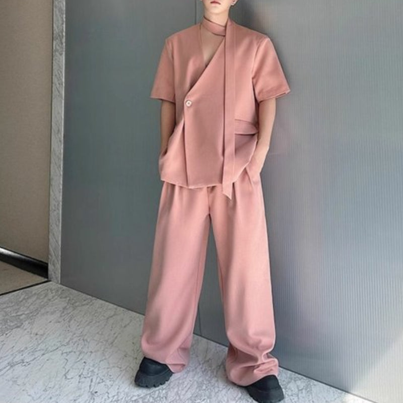 Collarless Ribbon Shoulder Pad Short Sleeve Suit Wide Leg Pants Two Piece Suit