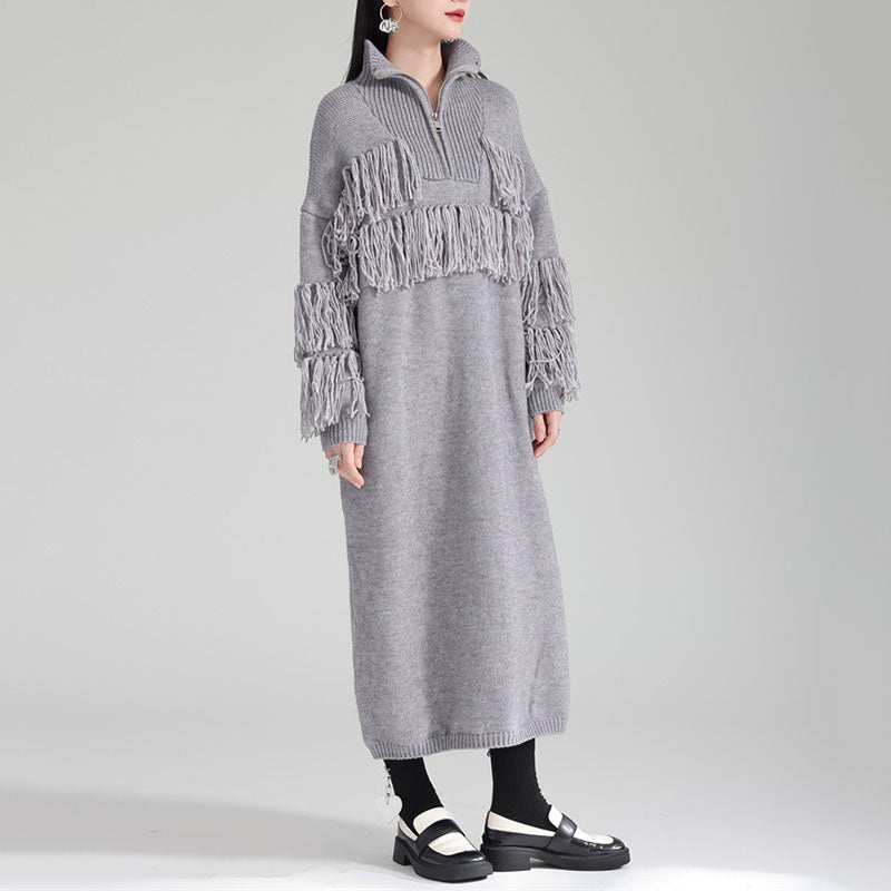 Autumn and Winter Thickened Turtleneck Fringed Knitted Dress