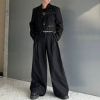 Deconstructed Lace-Up Cropped Blazer Contrast Leather Drawstring Wide-Leg Pants Two-Piece Set