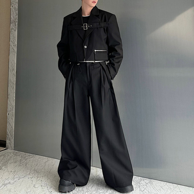 Deconstructed Lace-Up Cropped Blazer Contrast Leather Drawstring Wide-Leg Pants Two-Piece Set