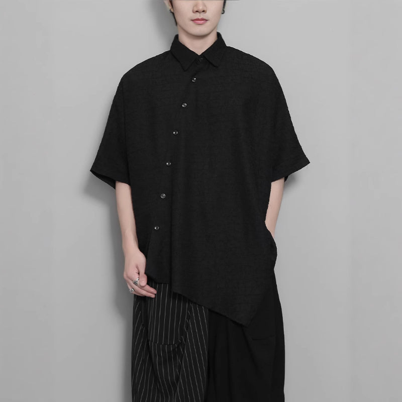 Dark Jacquard Retro Irregular Hem Short-sleeved Shirt