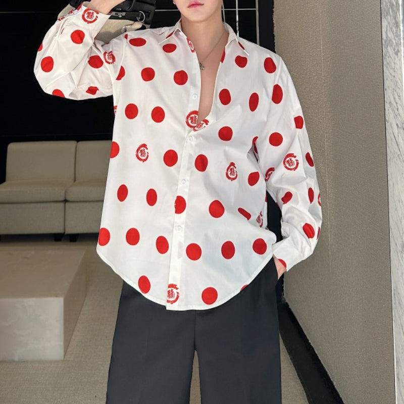 Polka Dot Print Draped Peak Collar Shirt