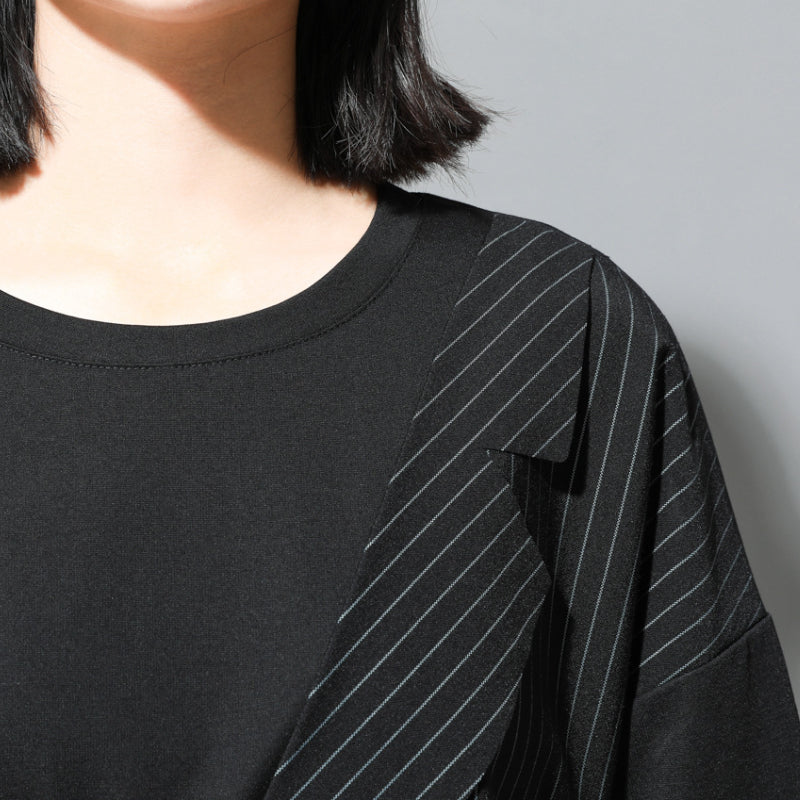 Fake Two-piece Straight Lace-up Striped Patchwork T-shirt
